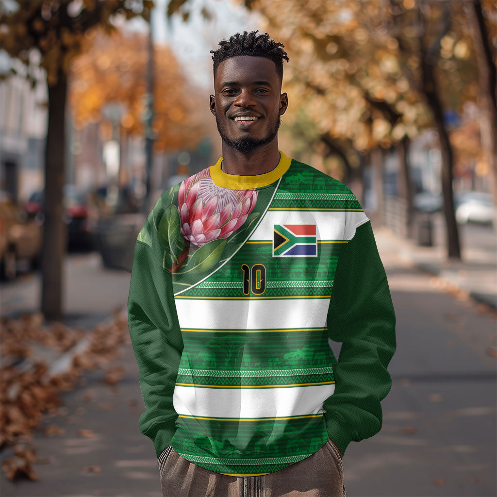 Custom South Africa Football Sweatshirt King Protea with African Heritage Stripes Style