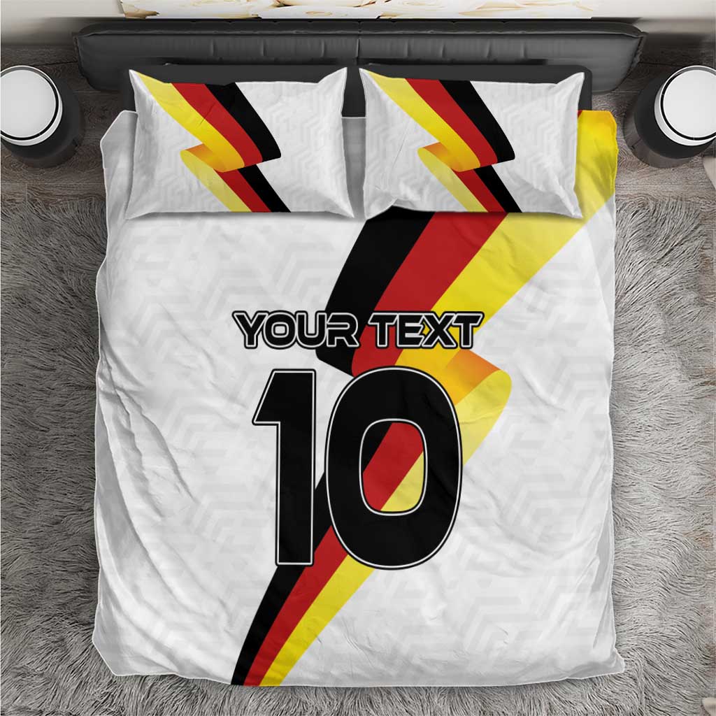 White bedding set with two pillows and bold “YOUR TEXT” 10 design with flag stripes
