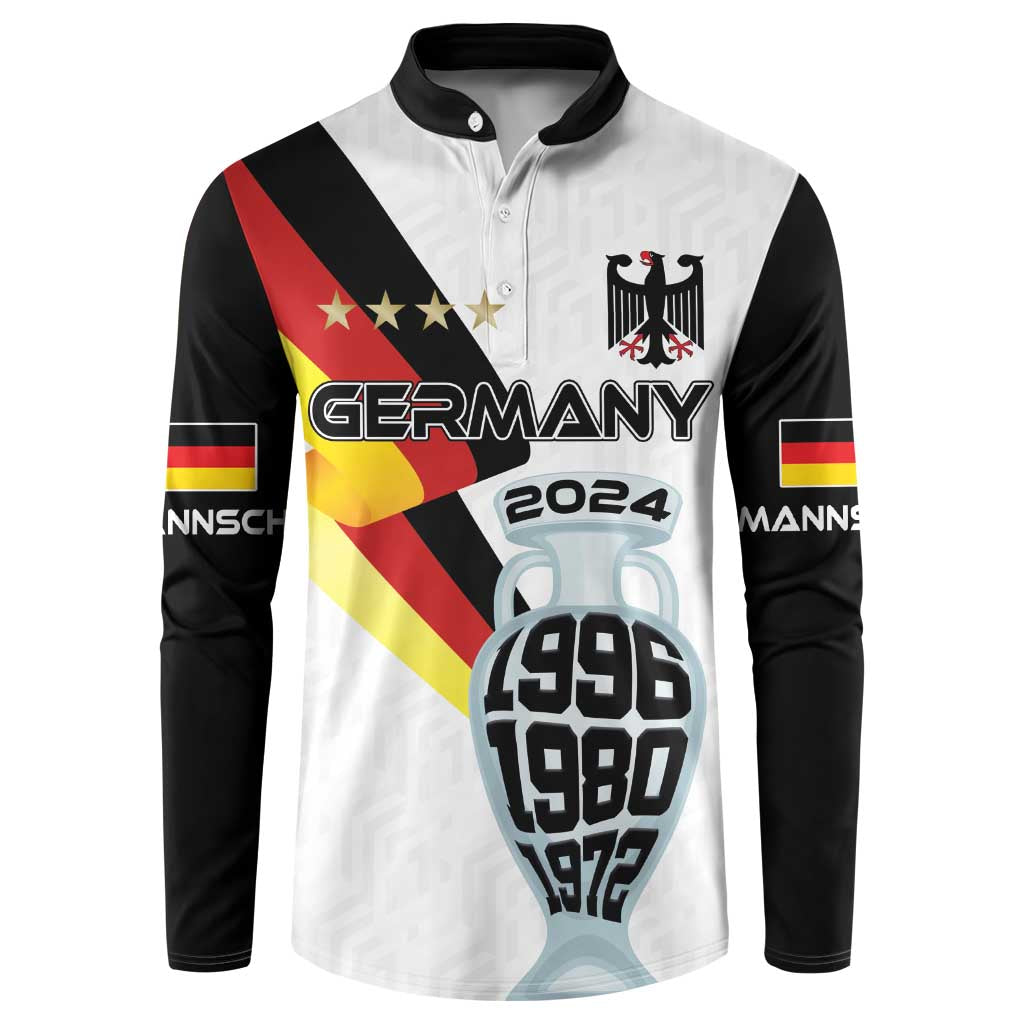 Button sweatshirt front, white with Germany graphic, crest, 2024 and '1996 1980 1972' print