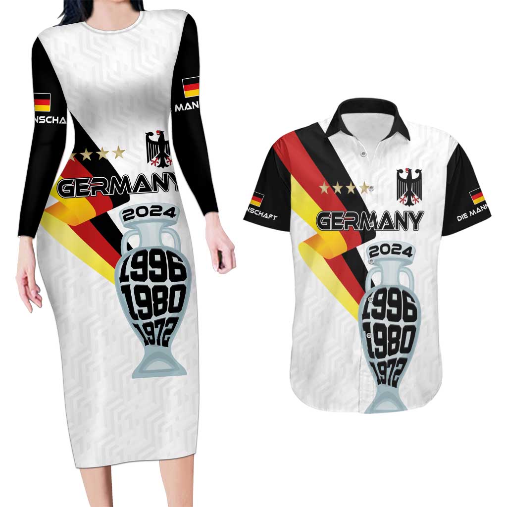 Custom Germany Football Road to the 4th European Championship Couples Matching Long Sleeve Bodycon Dress and Hawaiian Shirt White Color - Wonder Print Shop