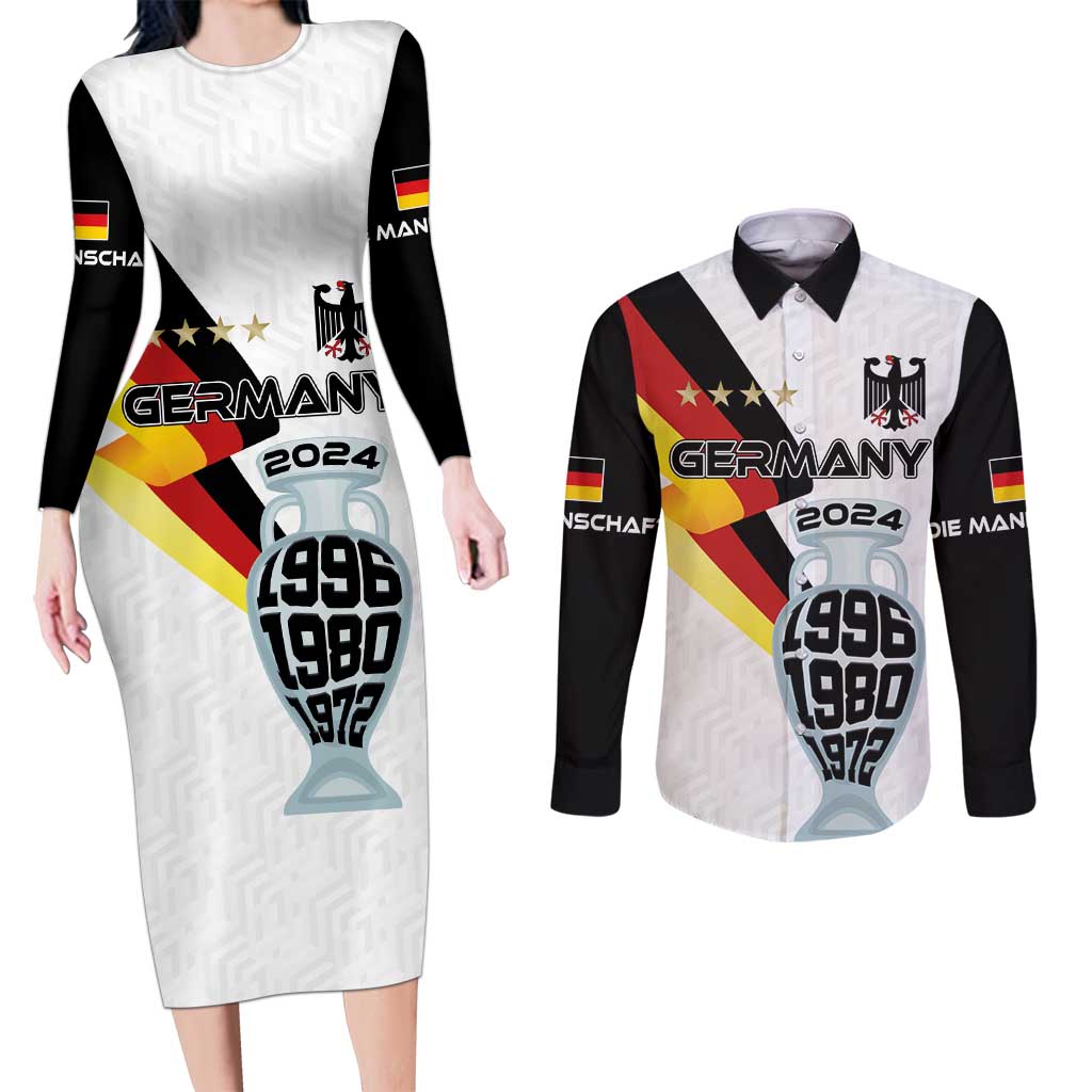 Custom Germany Football Road to the 4th European Championship Couples Matching Long Sleeve Bodycon Dress and Long Sleeve Button Shirt White Color - Wonder Print Shop