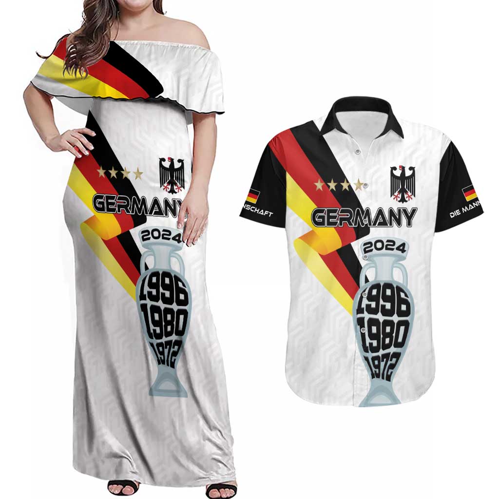 Custom Germany Football Road to the 4th European Championship Couples Matching Off Shoulder Maxi Dress and Hawaiian Shirt White Color - Wonder Print Shop