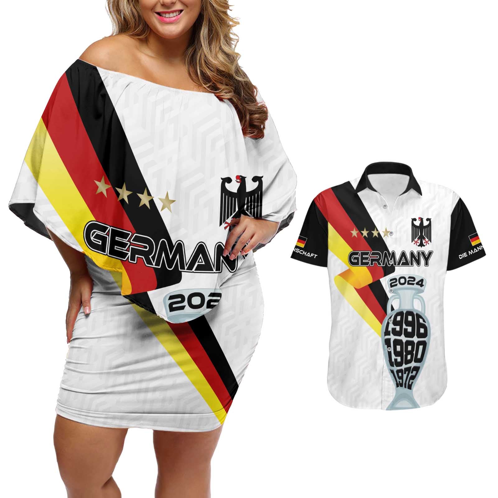 Custom Germany Football Road to the 4th European Championship Couples Matching Off Shoulder Short Dress and Hawaiian Shirt White Color - Wonder Print Shop