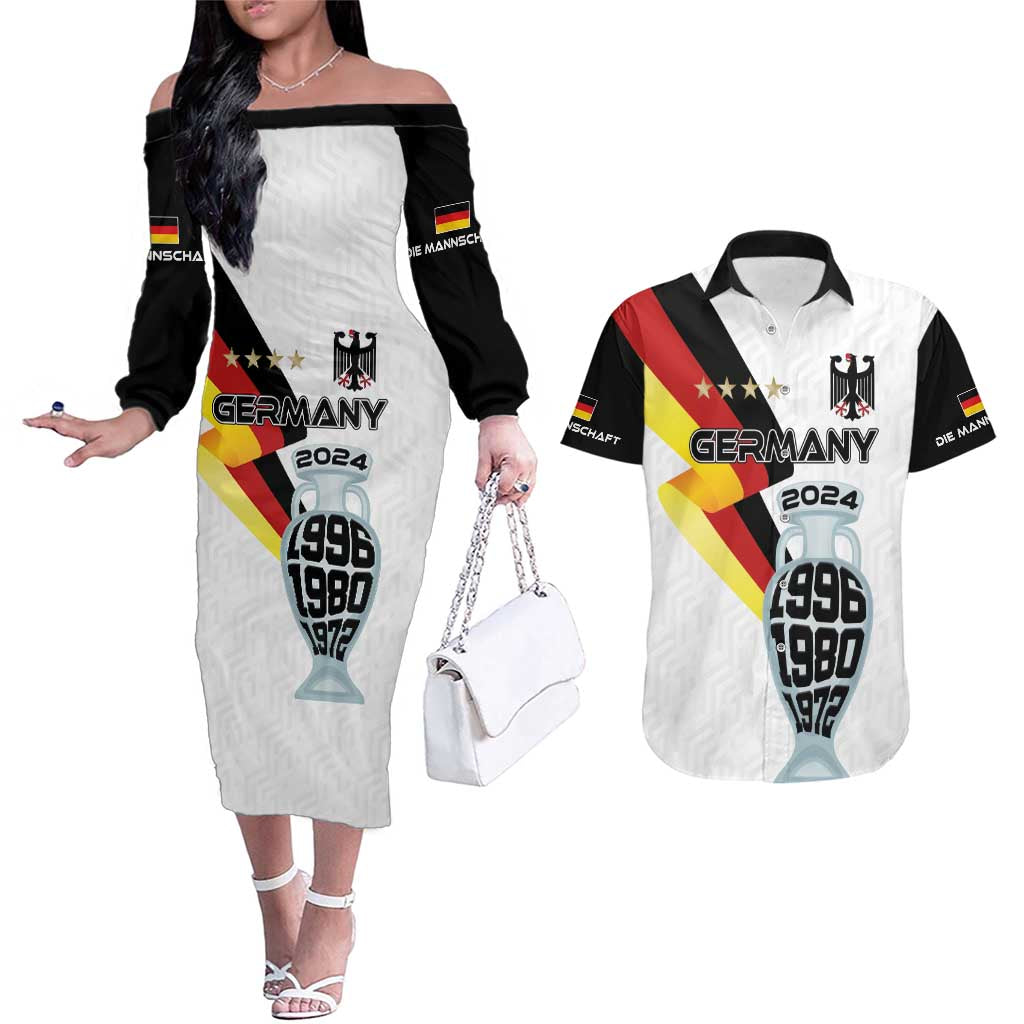 Custom Germany Football Road to the 4th European Championship Couples Matching Off The Shoulder Long Sleeve Dress and Hawaiian Shirt White Color - Wonder Print Shop