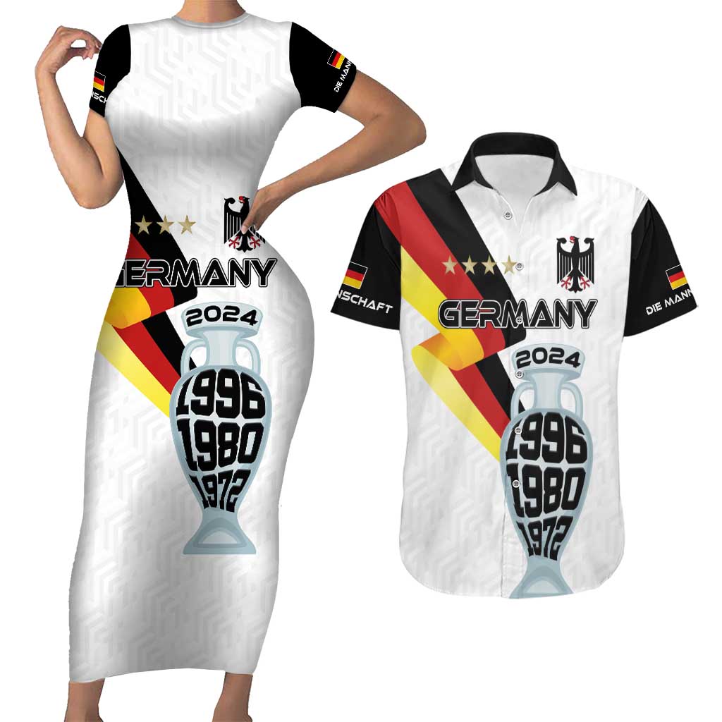 Custom Germany Football Road to the 4th European Championship Couples Matching Short Sleeve Bodycon Dress and Hawaiian Shirt White Color - Wonder Print Shop