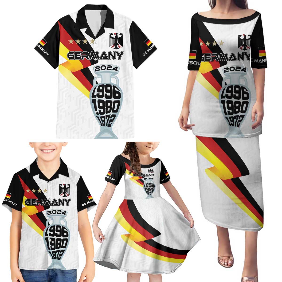 Custom Germany Football Road to the 4th European Championship Family Matching Puletasi and Hawaiian Shirt White Color - Wonder Print Shop