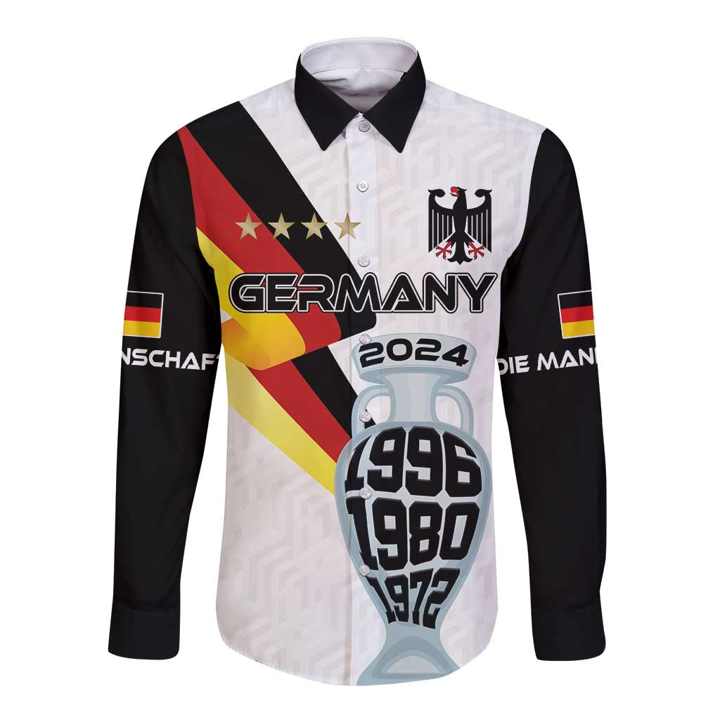 Long-sleeve button football shirt, white and black with Germany graphic on front.