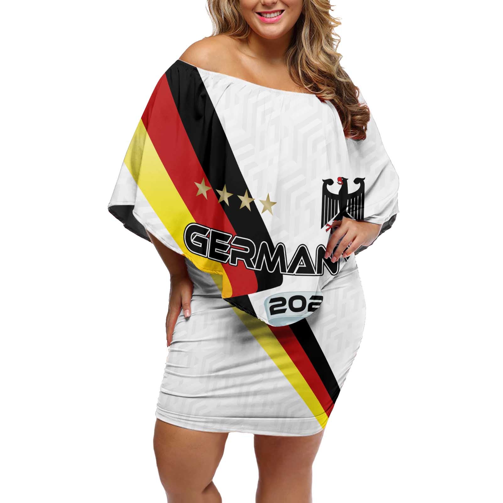 Custom Germany Football Road to the 4th European Championship Off Shoulder Short Dress White Color - Wonder Print Shop