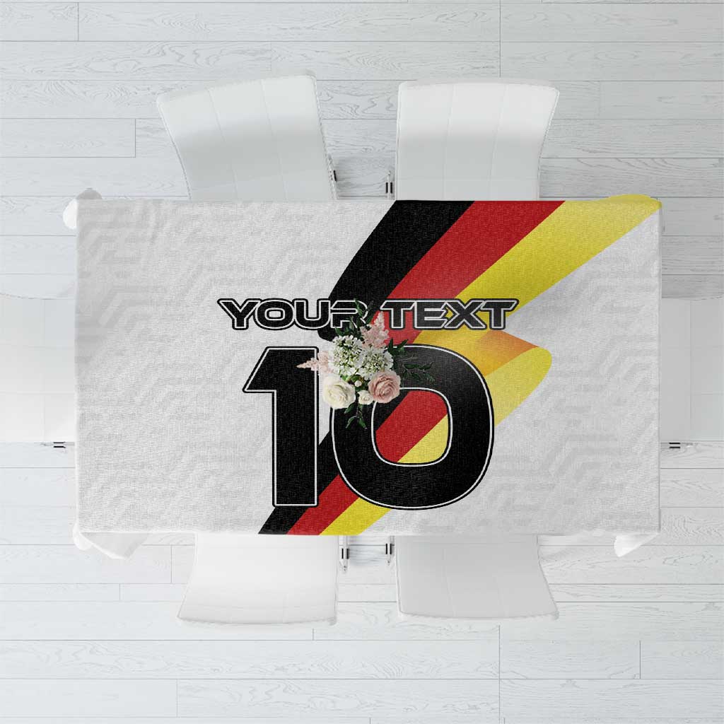 White tablecloth with large "10" design and "YOUR TEXT" over the center