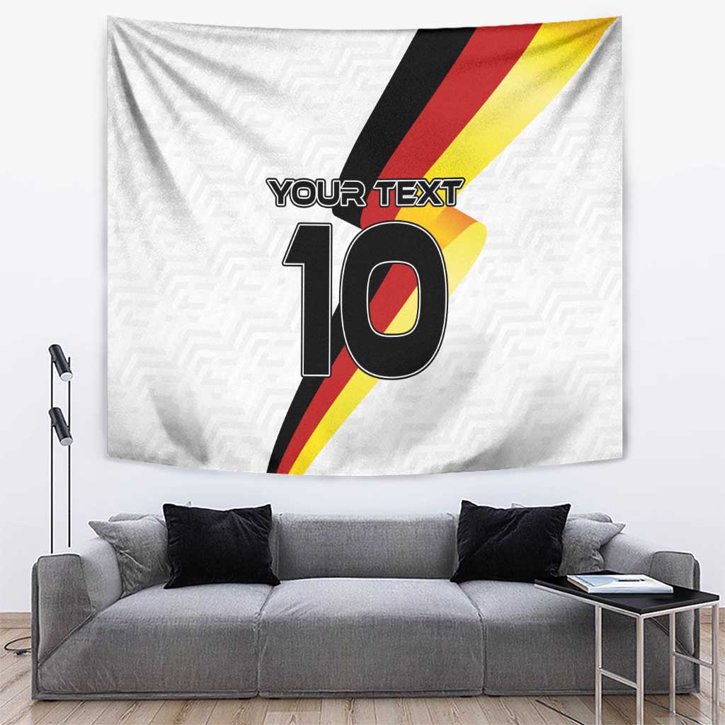Custom white football tapestry showing "YOUR TEXT" above a large "10" with stripe accents
