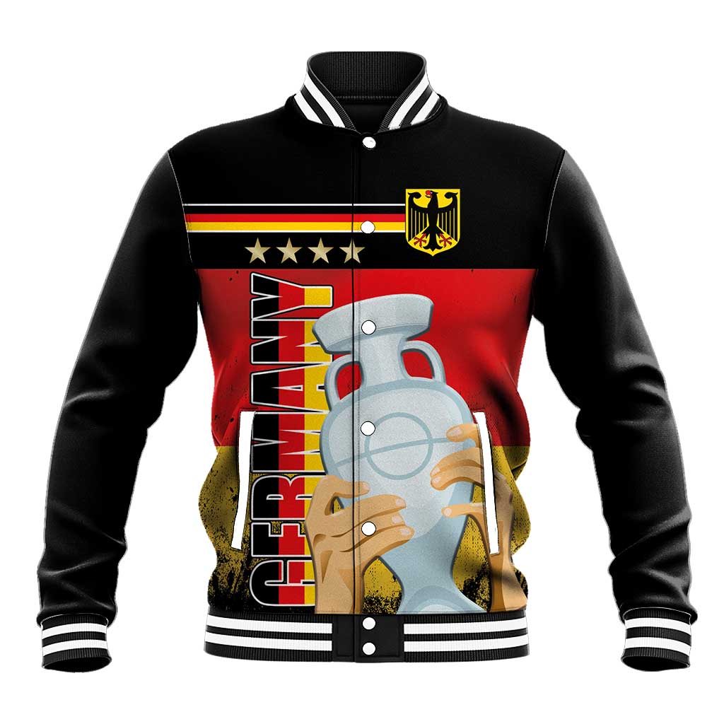 Black baseball jacket with front graphic, crest patch, striped ribbed collar and cuffs