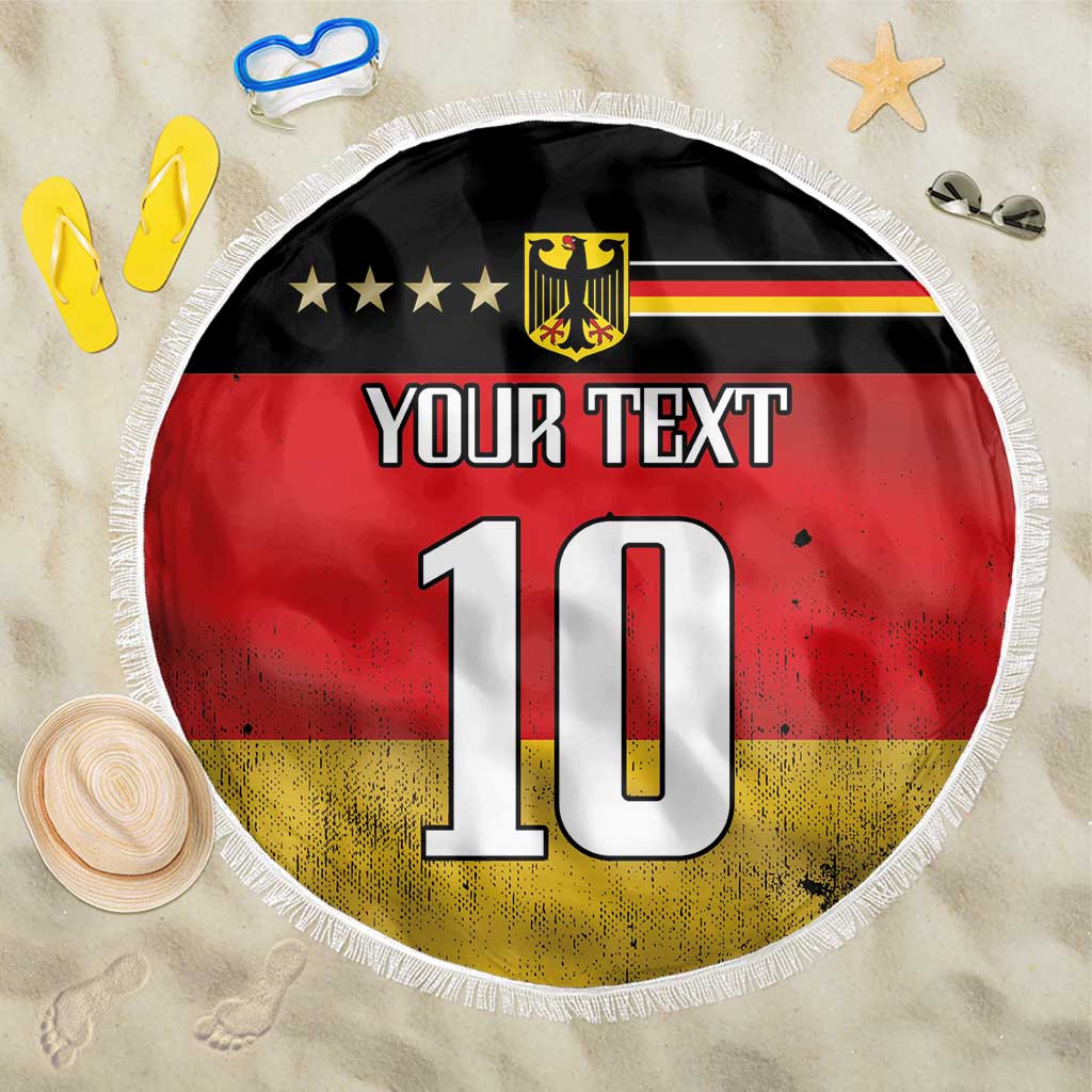Round German flag beach blanket (black/red/gold) with white fringe; 'Your Text' and 10.