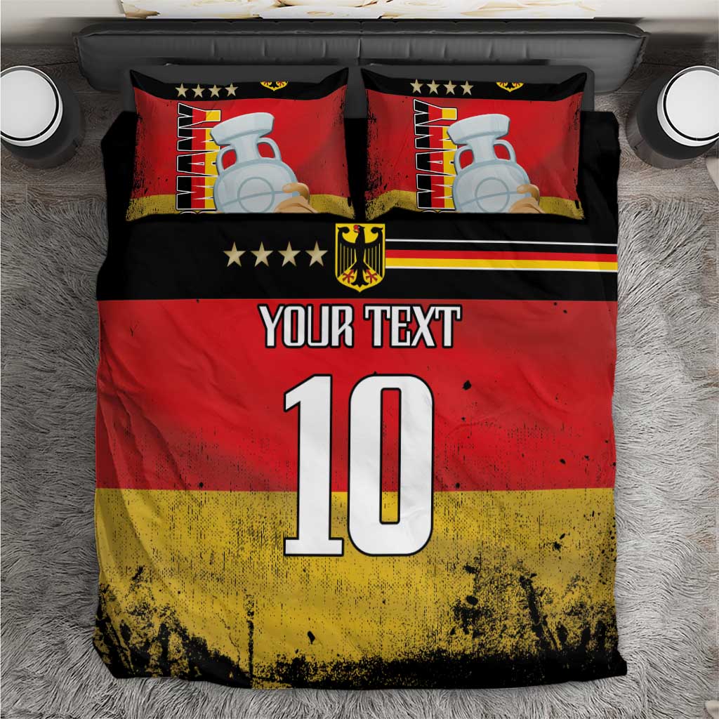 Germany football bedding set with duvet and two pillowcases showing “10” and “YOUR TEXT” in red/yellow/black.