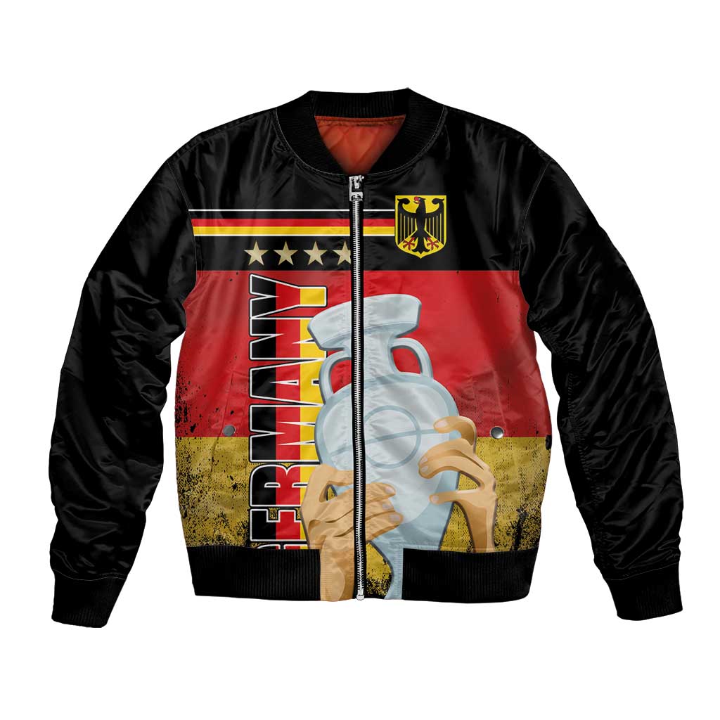Black bomber jacket with Germany flag graphic, boots, and front zip closure