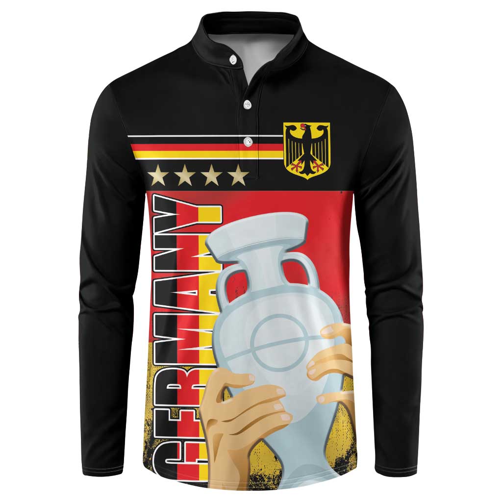 Black button sweatshirt with front collar and red-yellow flag graphic with large illustration