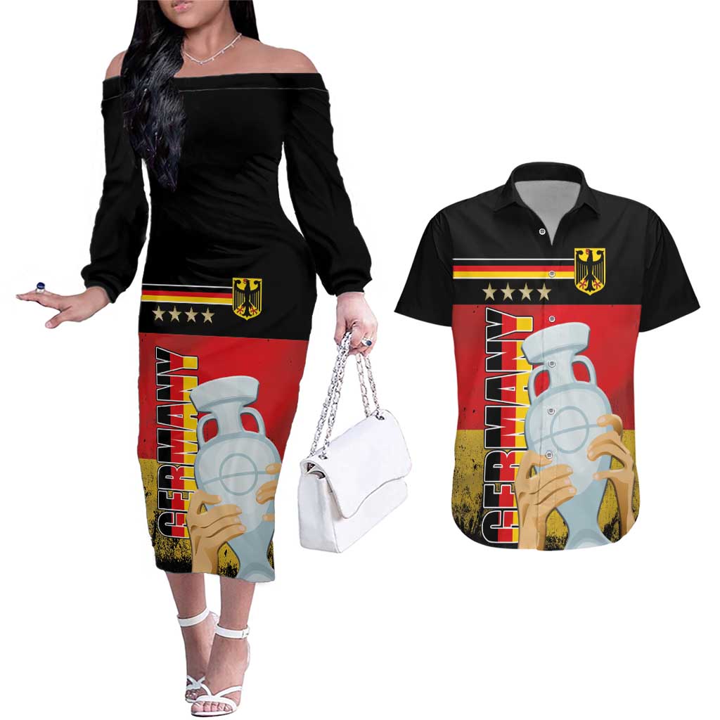 Custom Germany Football Road to the 4th European Championship Couples Matching Off The Shoulder Long Sleeve Dress and Hawaiian Shirt Black Color - Wonder Print Shop