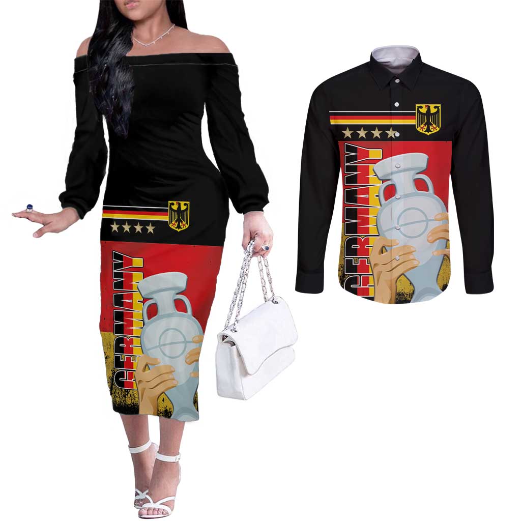 Custom Germany Football Road to the 4th European Championship Couples Matching Off The Shoulder Long Sleeve Dress and Long Sleeve Button Shirt Black Color