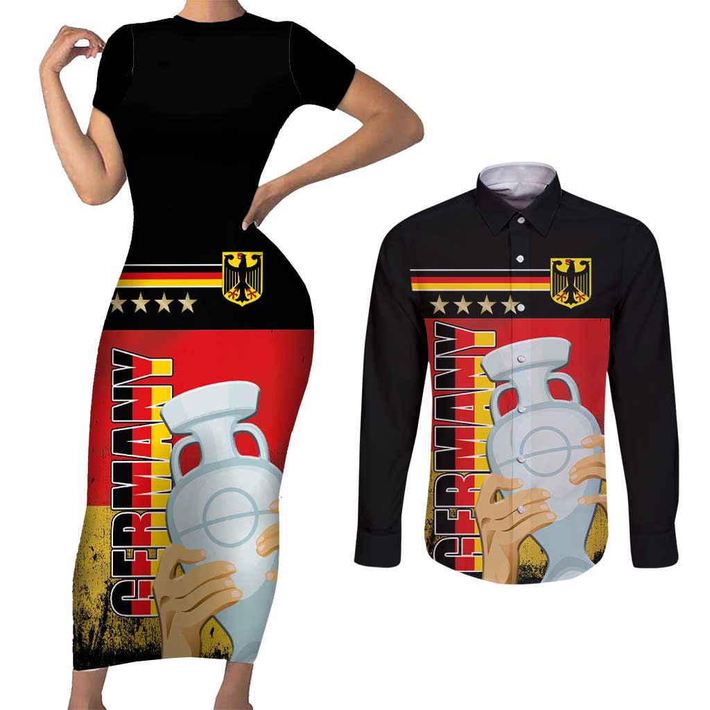 Custom Germany Football Road to the 4th European Championship Couples Matching Short Sleeve Bodycon Dress and Long Sleeve Button Shirt Black Color - Wonder Print Shop