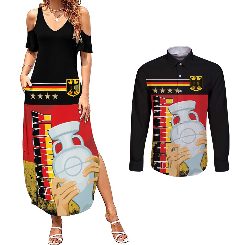 Custom Germany Football Road to the 4th European Championship Couples Matching Summer Maxi Dress and Long Sleeve Button Shirt Black Color - Wonder Print Shop