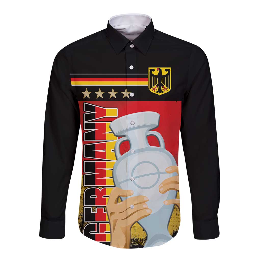 Black long-sleeve button shirt with Germany flag graphic, stars, and large front illustration