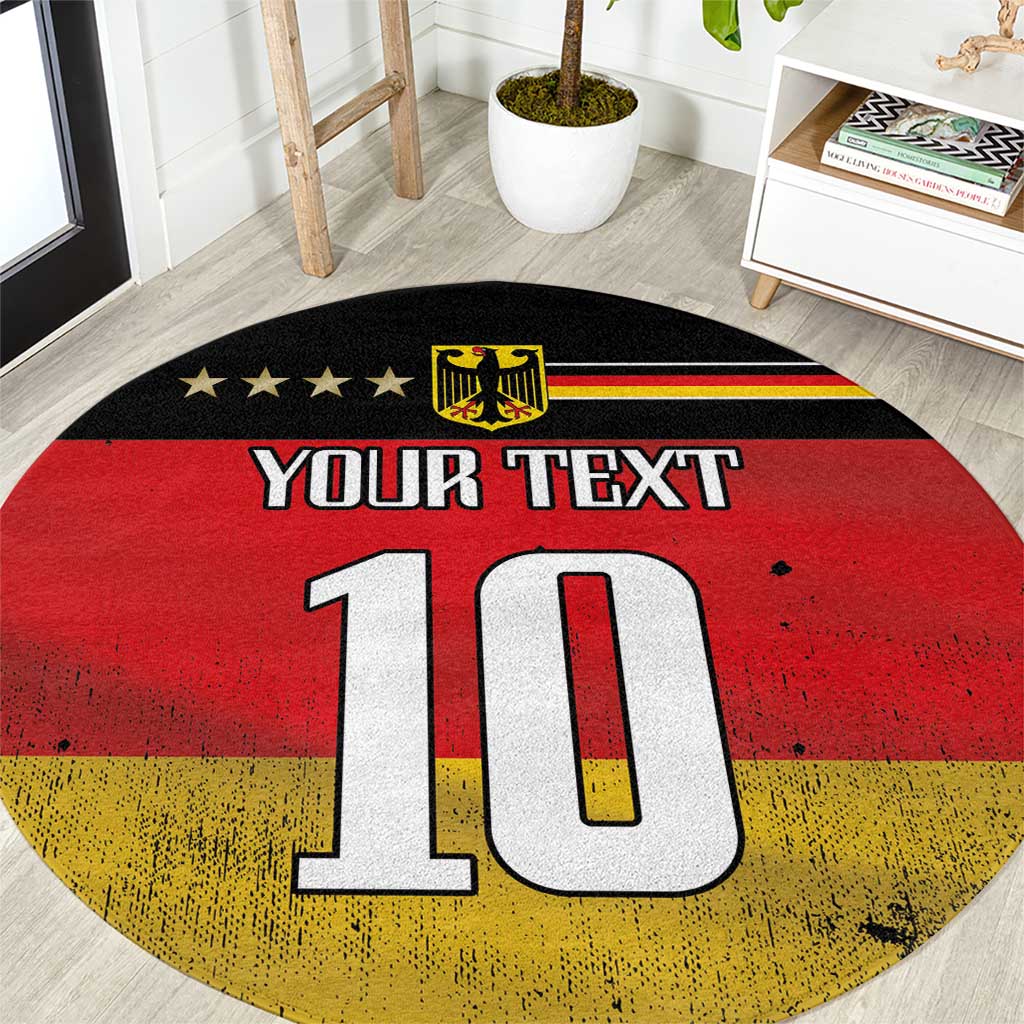 Round football rug with Germany-style flag design, crest, stars, and 'YOUR TEXT 10'