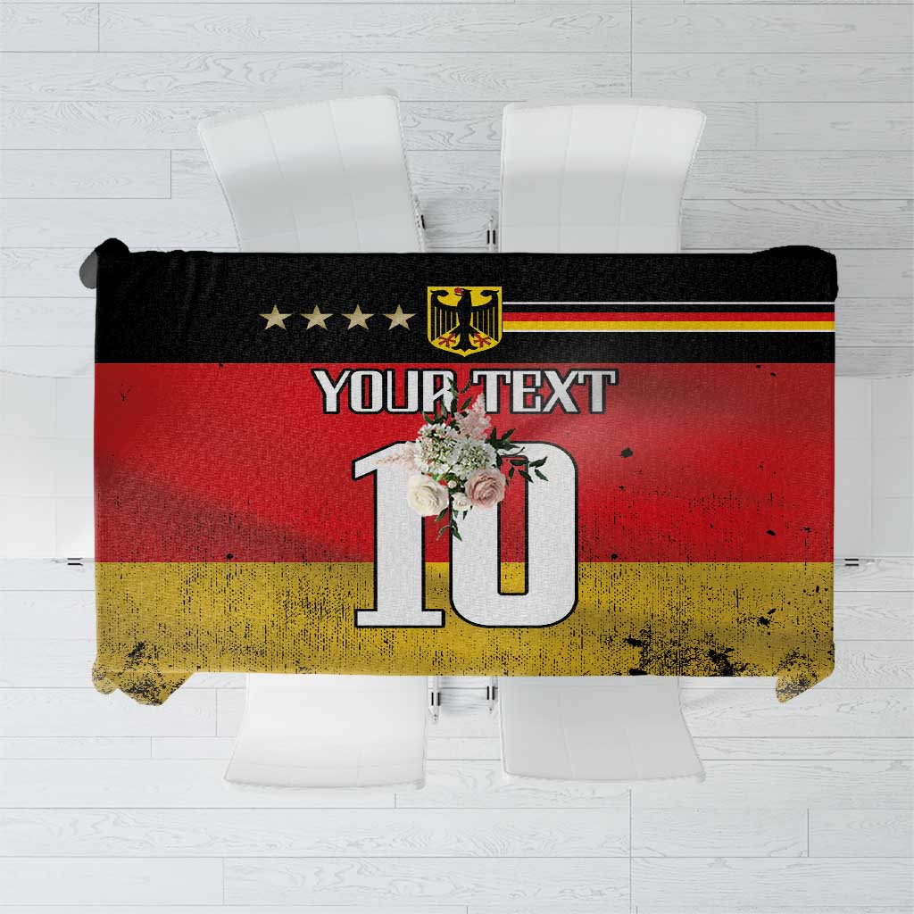 Black and red Germany-themed tablecloth with yellow stripes and 'YOUR TEXT' plus 10