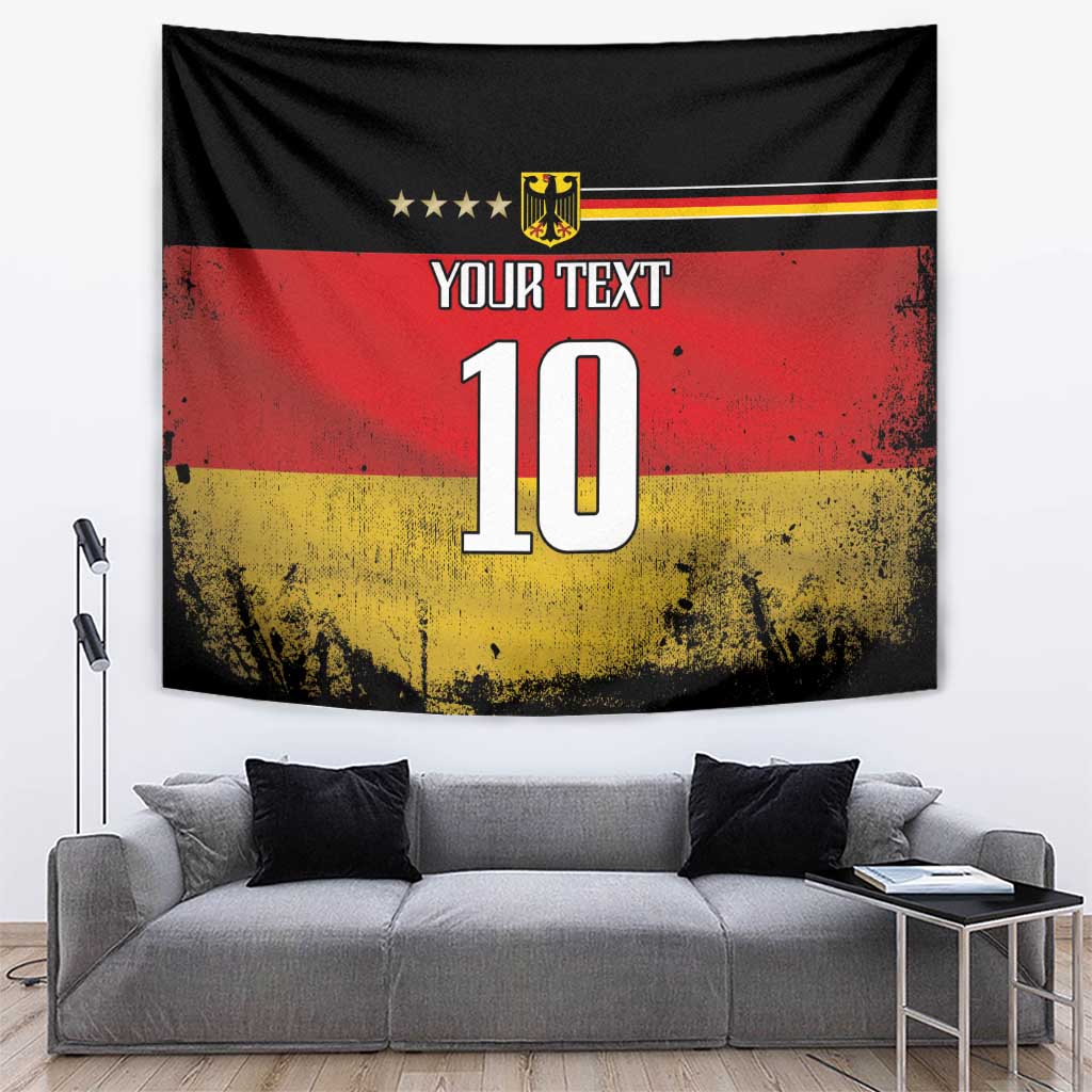 Black football-style tapestry with German flag graphic, custom text, and number 10