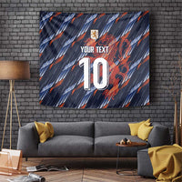 Navy football tapestry with orange accents, lion crest, and custom 'YOUR TEXT' number 10