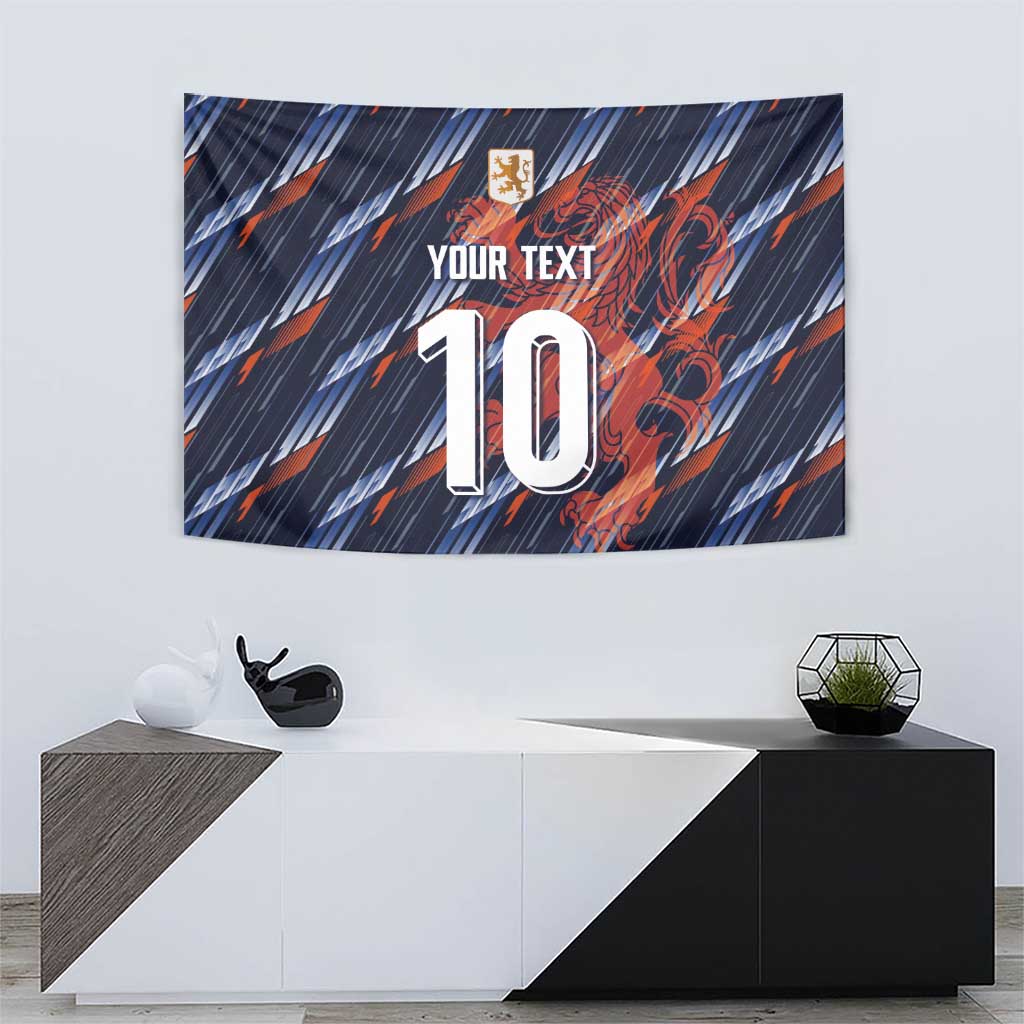 Navy football tapestry with orange swirl lines, lion crest, 'YOUR TEXT' and number 10
