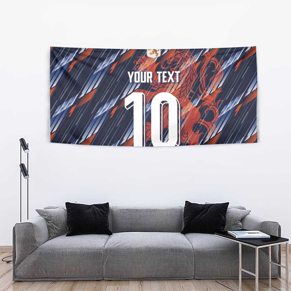 Navy football tapestry with orange accents, lion crest, 'YOUR TEXT' and number 10