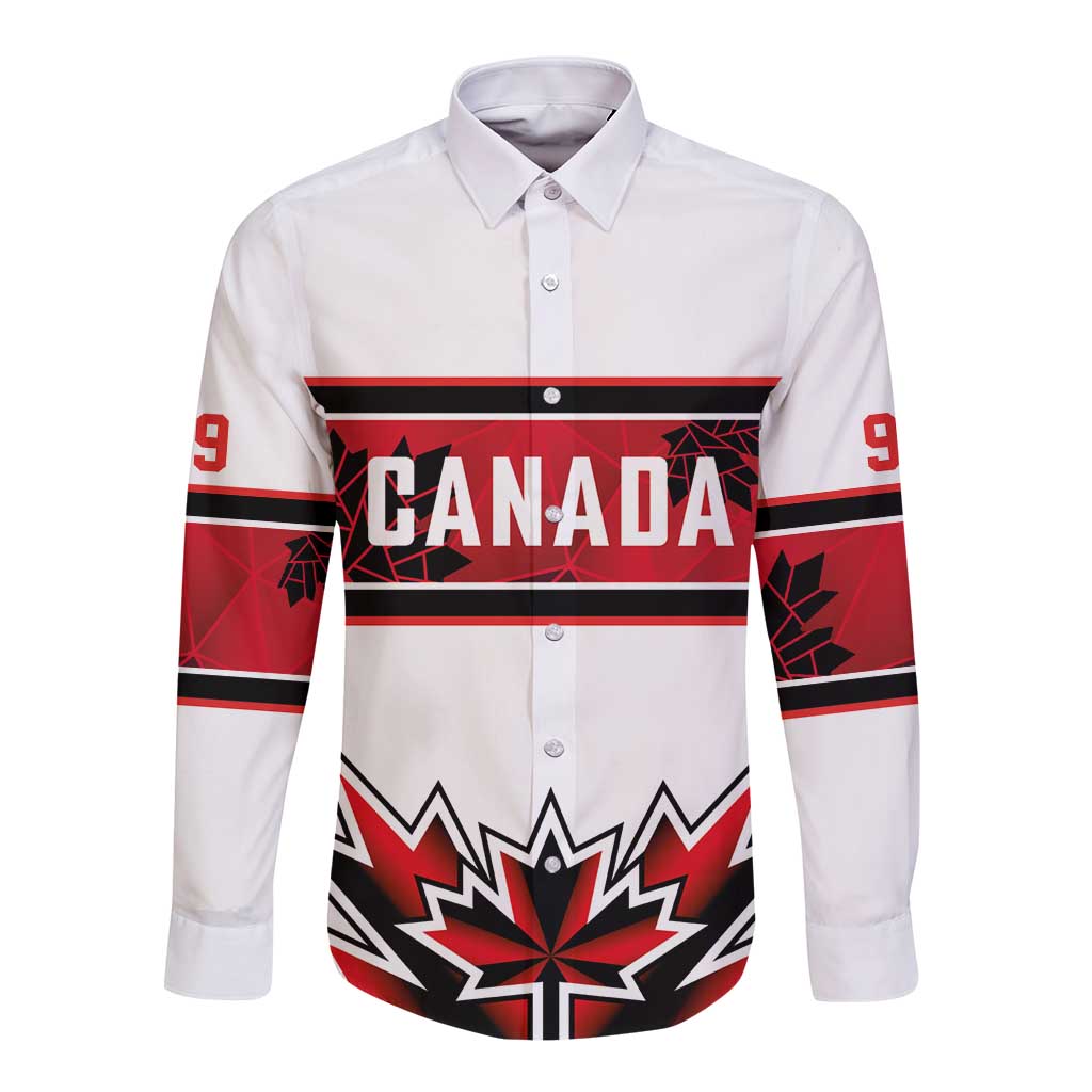 Canada Ice Hockey Custom Long Sleeve Button Shirt Maple Leaves Sporty Geometric Style
