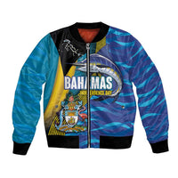Teal bomber jacket with zip, Bahamas Independence Day print, marlin graphic, emblem