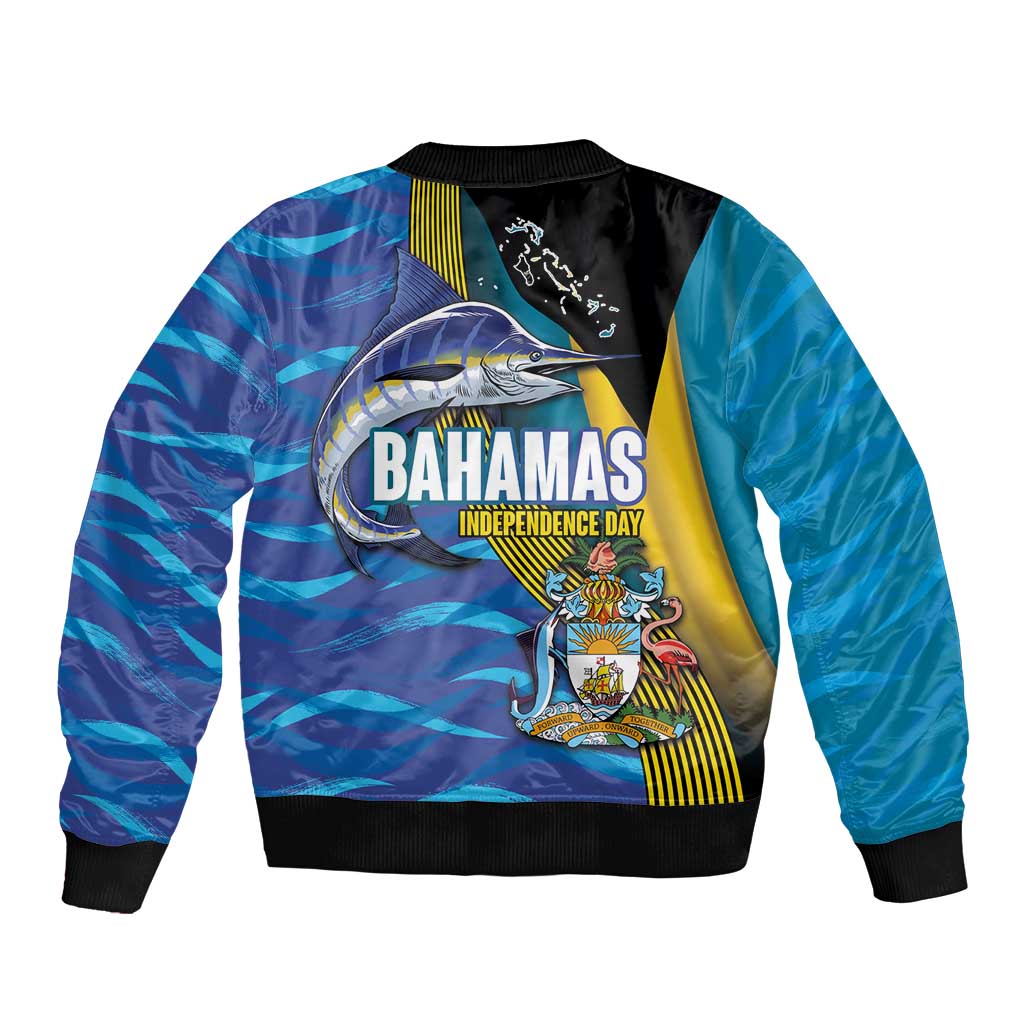 Blue-teal bomber jacket with back print, marlin and Bahamas Independence Day text, emblem