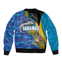 Blue-teal bomber jacket with back print, marlin and Bahamas Independence Day text, emblem