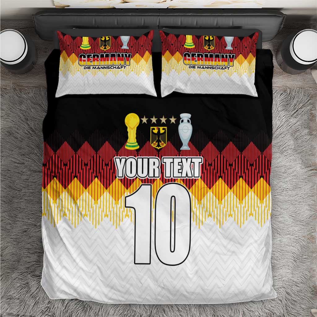 Football bedding set: top view on bed with black/red/yellow duvet showing 'Your Text' and number 10; 2 pillows.