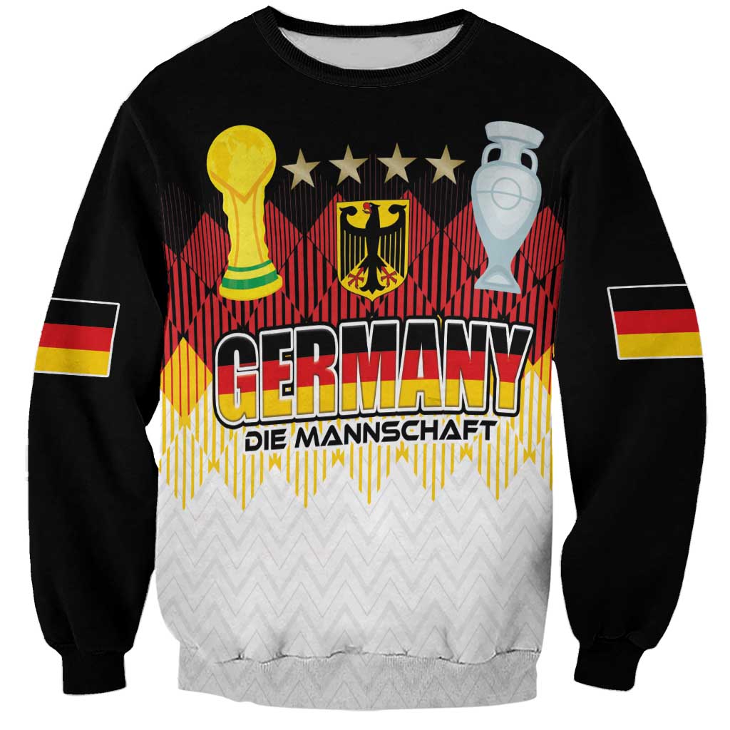 Black and white sweatshirt with Germany crest, trophies graphic, and striped Germany sleeves
