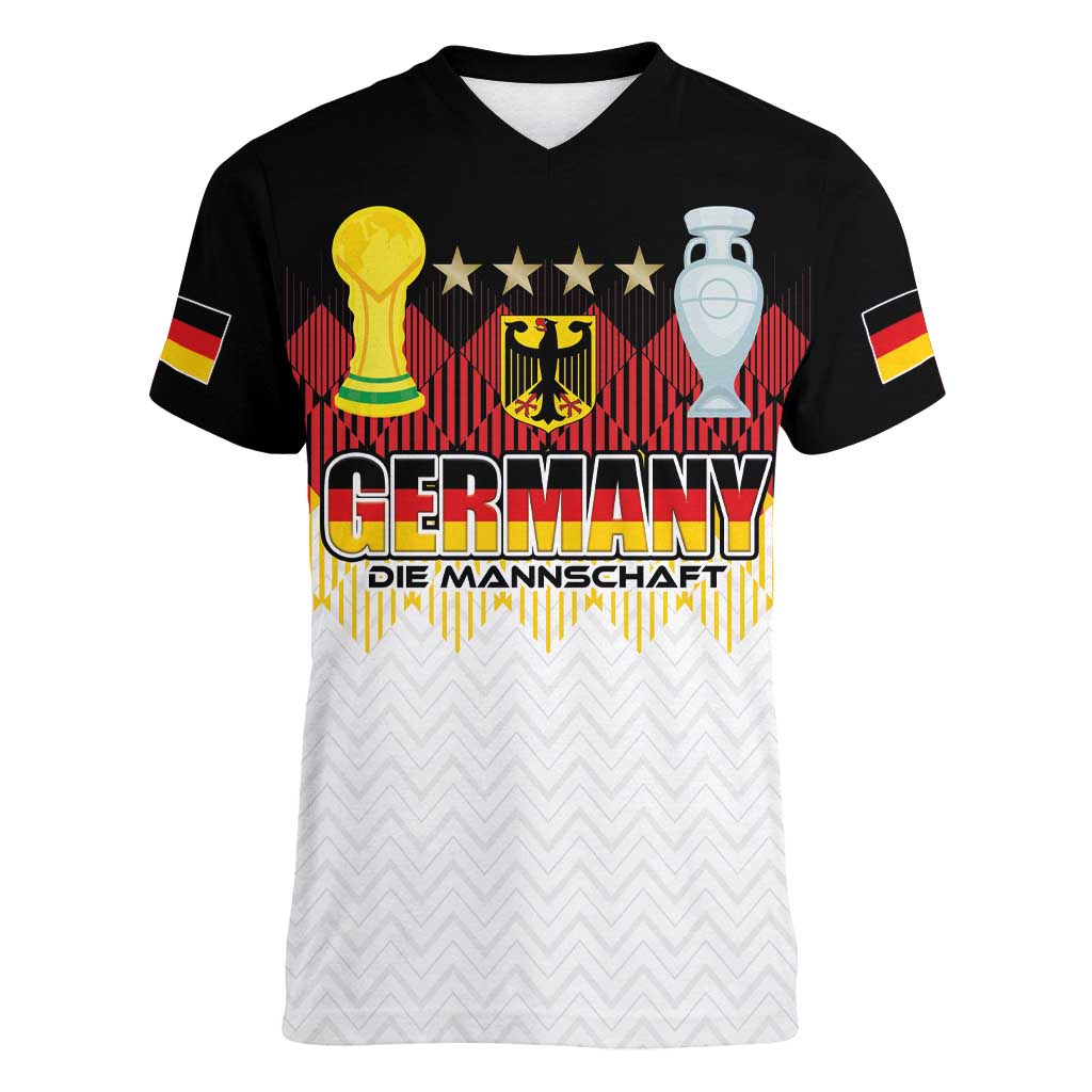 Custom Germany Football Women V-Neck T-Shirt Die Mannschaft Championship Titles World and Euro