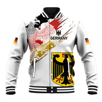 White baseball jacket with ribbed collar, cuffs, and bold German eagle grunge graphic
