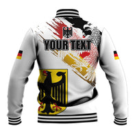 White varsity baseball jacket back print with eagle grunge and yellow-black shield motif