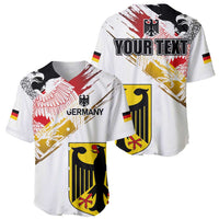 Two white baseball jerseys with Germany crest and YOUR TEXT back print, button front