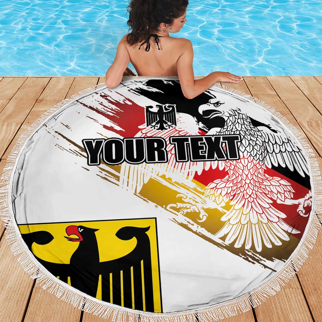 Round fringed beach blanket, white with eagle and 'YOUR TEXT' print, red and yellow