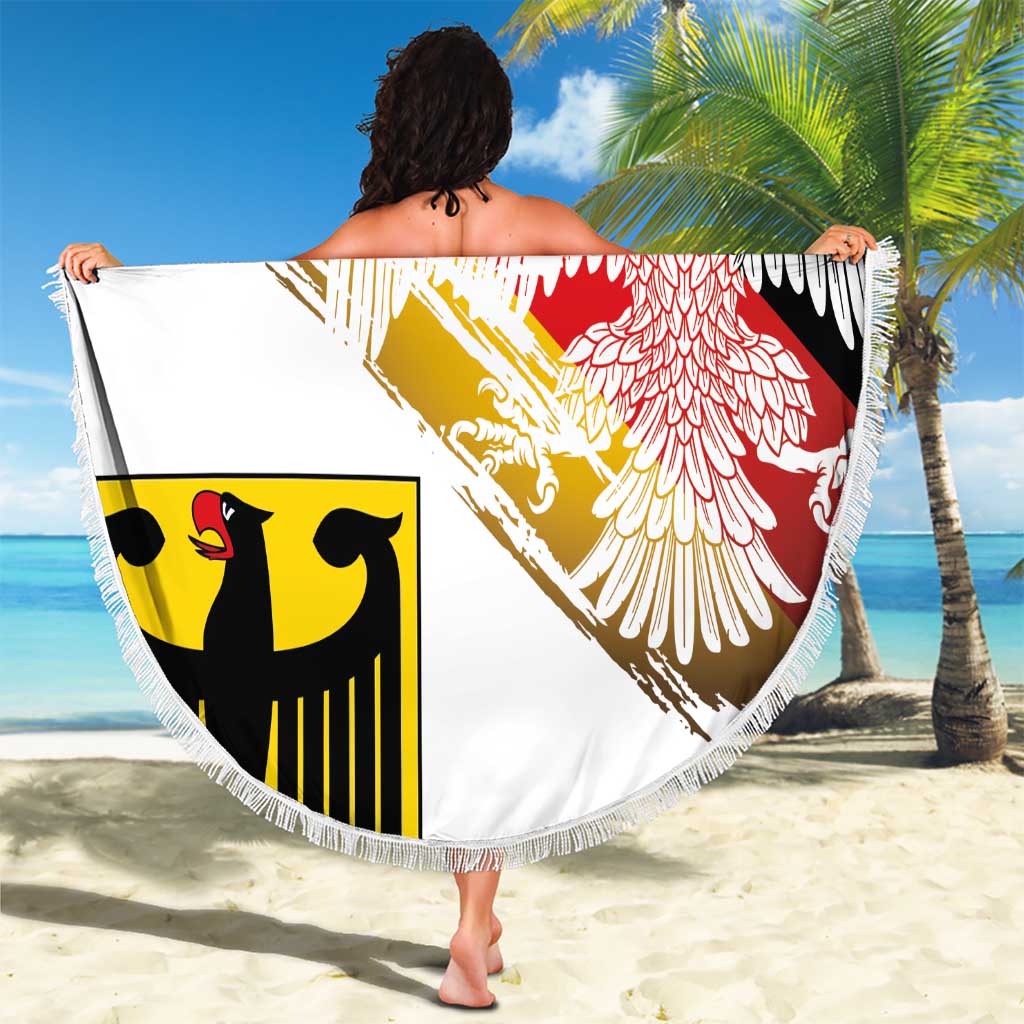 Round beach blanket with eagle graphic and German flag colors, fringed edge