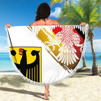 Round beach blanket with eagle graphic and German flag colors, fringed edge