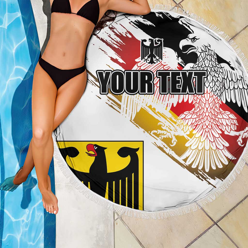 Round fringed beach blanket, white with eagle print and 'YOUR TEXT', red, black, yellow