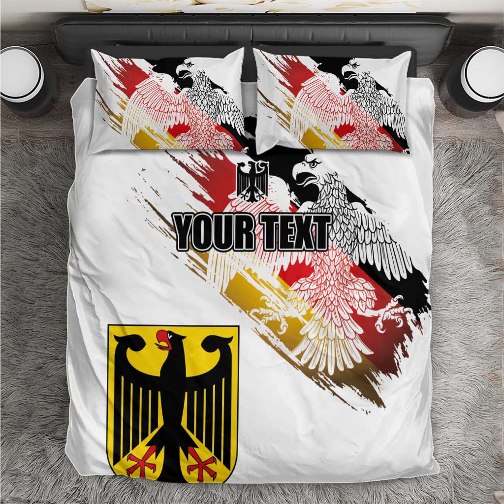 White duvet cover and pillow covers with red, black, gold eagle graphic and “YOUR TEXT”.