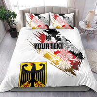 White bedding set with eagle banner print, matching pillow covers, and “YOUR TEXT” lettering.