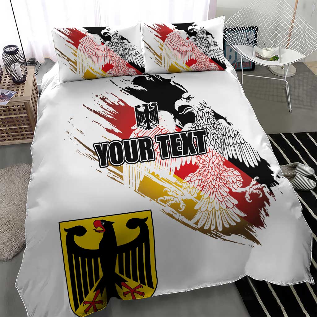 White duvet cover with eagle and grunge stripes design plus “YOUR TEXT”, with two pillows.