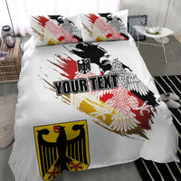 White duvet cover with eagle and grunge stripes design plus “YOUR TEXT”, with two pillows.