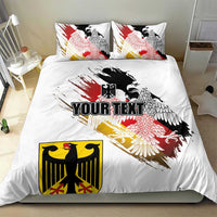 White duvet cover set featuring eagle crest artwork and “YOUR TEXT”, with two matching pillows.