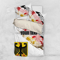 White duvet and pillow set with red, black, and gold eagle print and “YOUR TEXT” panel.